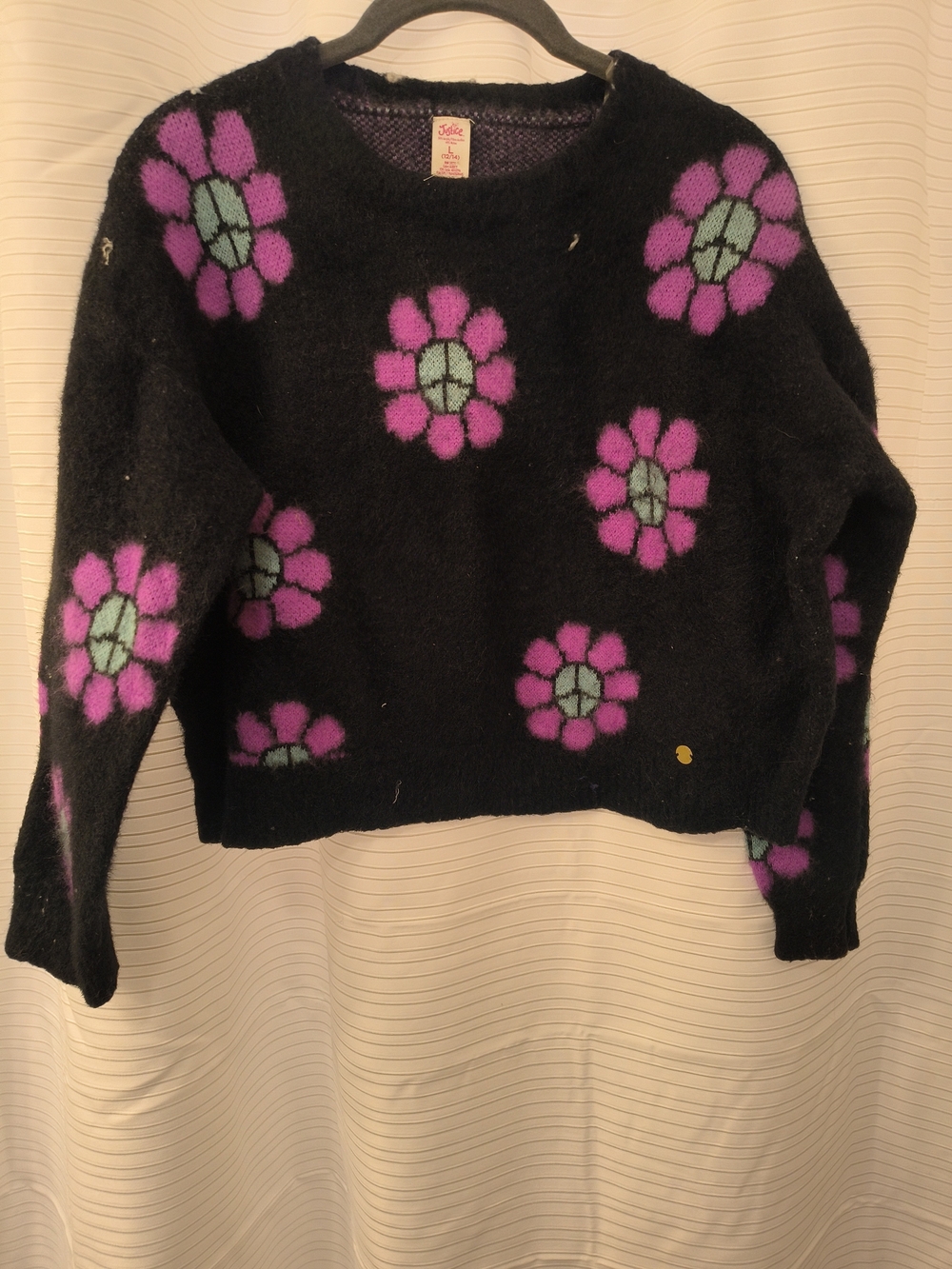 Justice Black Crewneck Sweater with Purple and Green Floral Motif